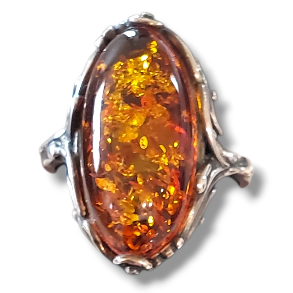 Baltic Honey Amber Stauer Intricate Sterling Ring Size 7
